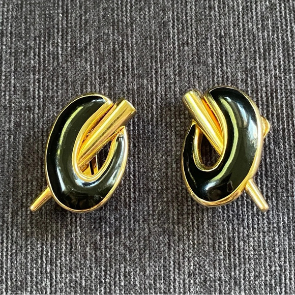 Rare Vintage Andre Courreges Modernist Logo Earrings in Black and Gold - Picture 4 of 8